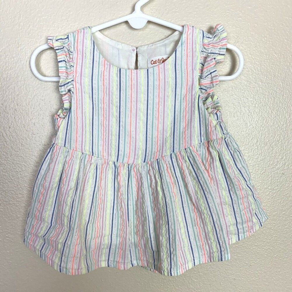 Cat & Jack Neon Stripe Seersucker Ruffle Sleeveless Top White Girls 18 Months